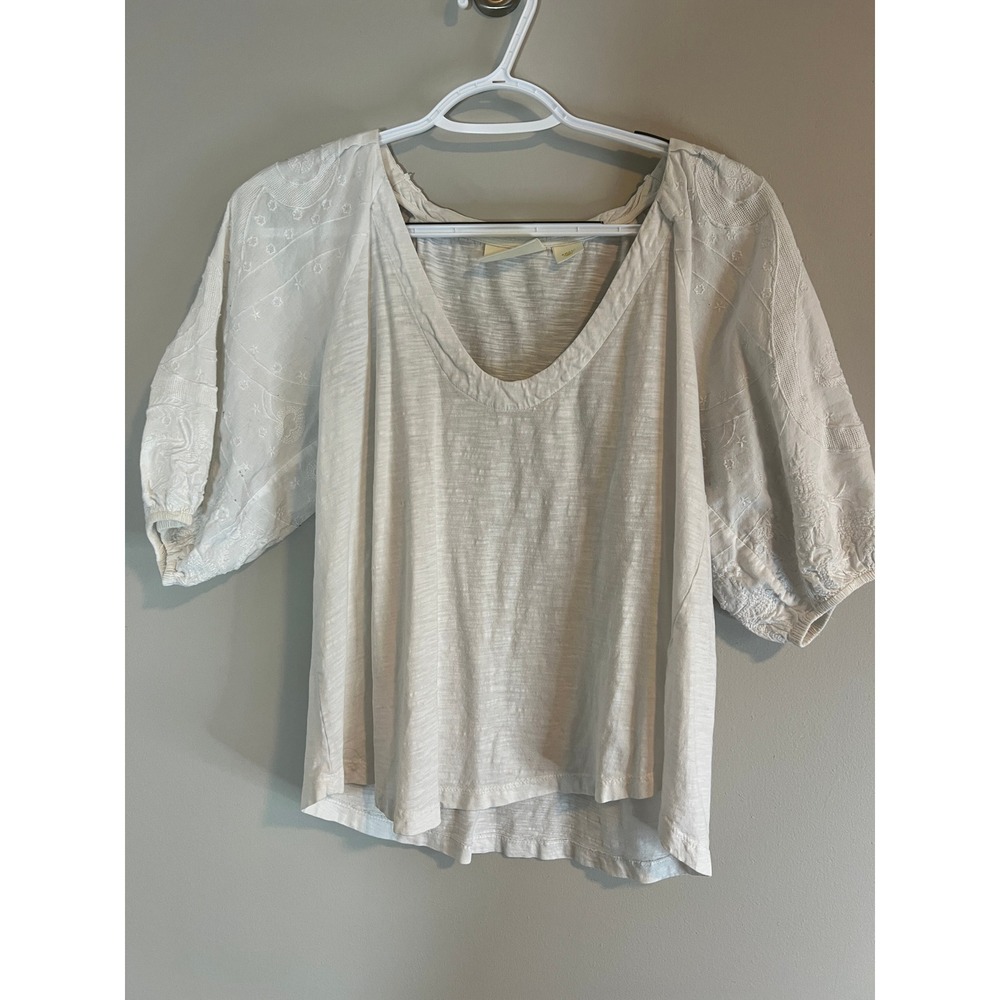 Maeve Anthropologie White Embroidered Puff Sleeve Slub V-Neck Top Small